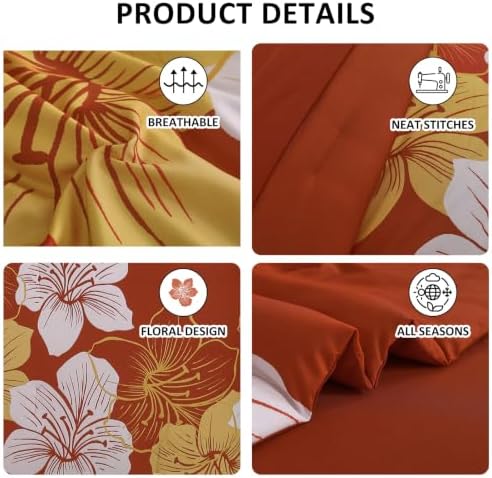 Burnt Orange King Size Comforter Set, 7 Pieces Fall Floral Bedding Set