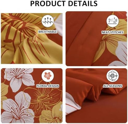 Burnt Orange Comforter Set Queen Size, 7 Pieces Fall Floral Bedding Set