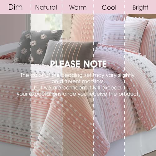 LANCO MODERN LIFESTYLE King Comforter Set, Pink, Jacquard Clip Striped Design, Elegant Soft 7 Pieces Bedding Set for All Seasons, Matching Bedskirt, Pillow Shams and Decor Pillows
