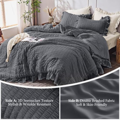 JOLLYVOGUE Dark Grey Twin/Twin XL Comforter Set, 2pcs Seersucker Bed Set