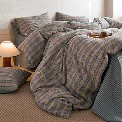 Vintage Buffalo Plaid Gingham Duvet Cover King 100% Cotton Muslin Duvet Cover Retro Green&Pink&Purple Plaid Checkered Comforter Cover with 2 Pillowcases Breathable Gauze Grid Gingham Bedding Set