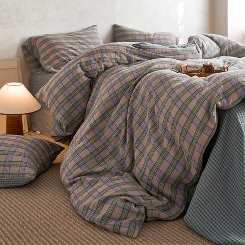 Vintage Buffalo Plaid Duvet Cover Gingham Bedding Set Twin 100% Cotton Muslin Duvet Cover Green&Pink&Purple Plaid Checkered Comforter Cover Linen Feel Breathable Gauze Farmhouse Grid Bedding Set