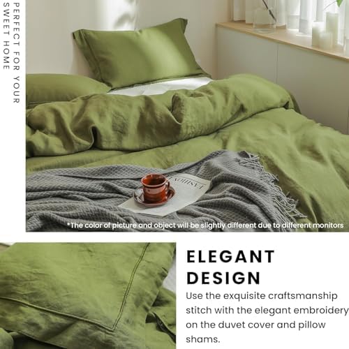 Simple&Opulence 100% French Flax Linen Duvet Cover Set with Embroidery Washed - 3 Pieces (1 Duvet Cover with 2 Pillow Shams) with Button Closure Soft Breathable Farmhouse - Olive, King Size