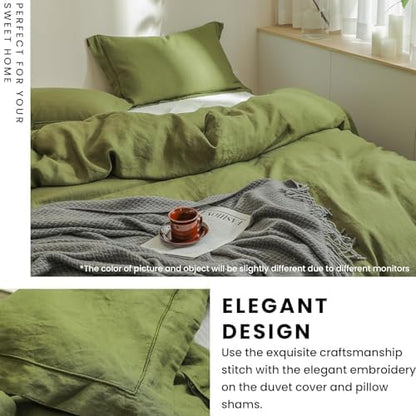 Simple&Opulence 100% French Flax Linen Duvet Cover Set with Embroidery Washed - 3 Pieces (1 Duvet Cover with 2 Pillow Shams) with Button Closure Soft Breathable Farmhouse - Olive, King Size