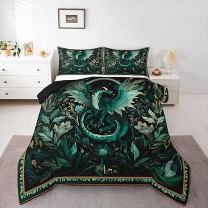 Feelyou Dragon Comforter Set All Season Dragon Stuff Bedding Set with 1 Pillow Cases Wild Life Kids Twin Bedclothes Magic Wildlife Bedroom Decor Greenish Duvet Quilt Breathable Soft