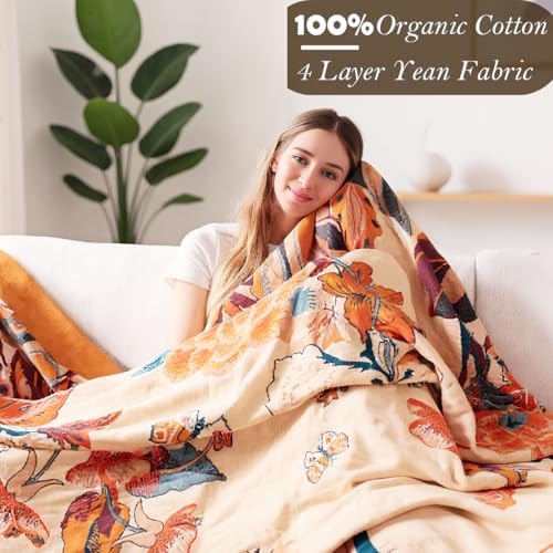 VANJOROY Boho Throw Blanket, 100% Cotton Breathable Soft Bed Throw - Floral Bird Farmhouse Decor Blanket for Sofa Couch Chair Quilt and Gift. 80" x 90"- Beige
