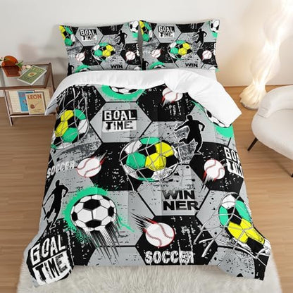 Soccer Bedding Comforter Set Queen Size with 2 Pillowcases.
