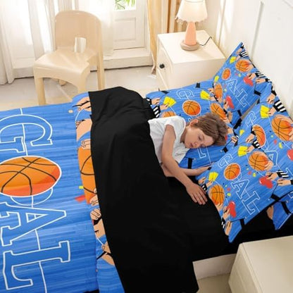Erosebridal Boys Kids Ball Games Boys Basketbal Navy Blue 7 Piece Bedding Set Twin | Playground Comforter Set with Sheets Geometric Bed in A Bag Sports Theme Gaming Pattern Bed Sets