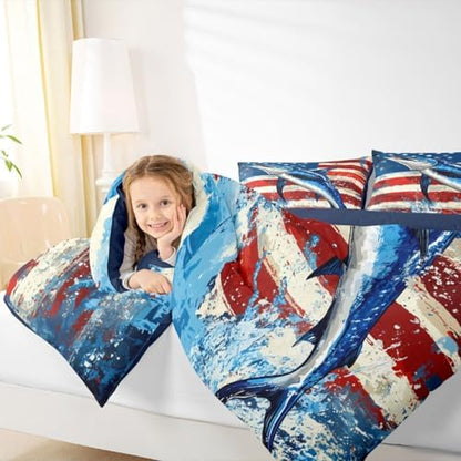 Marlin Swordfish Comforter Set Boys American Flag Bedding Set, Hunting and Fishing Comforter for Kids Teens Adult Bedroom Marine Life Ocean Animal Down Comforter with 2 Pillow Cases, Blue Red, King