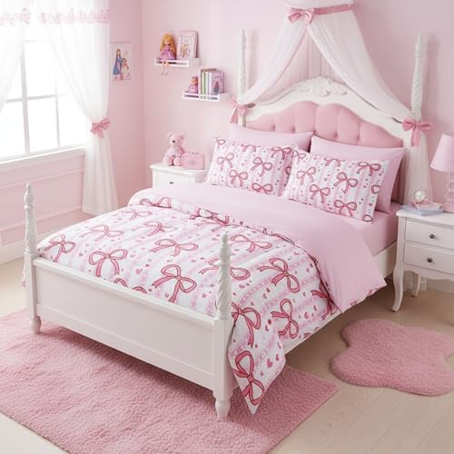QOOMO Pink Bow 7 Pieces Comforter Set Twin,Love Bowknot Bedding Set