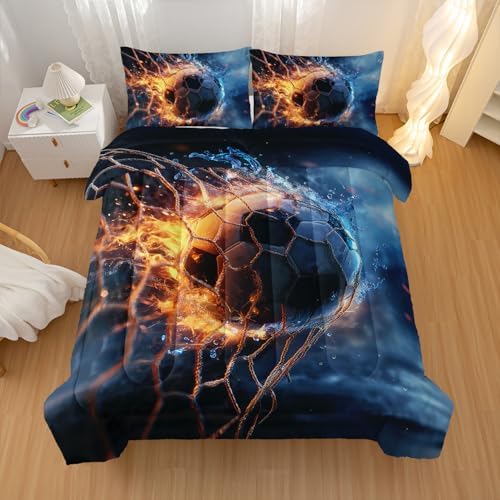 Nttopship Sports Soccer Comforter Set Full Size,Fireball Soccer Ball Bedding Sets 3PCS for Kids Teen Adult Sports Room Decor Ultra-Soft Lightweight Microfiber 1 Comforter with 2 Pillowcases