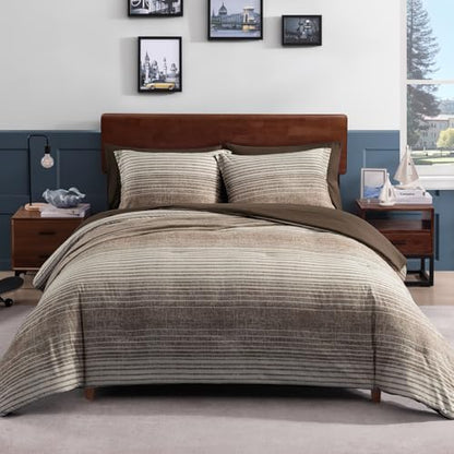 Queen Size Comforter Set Striped Chocolate Brown 7 Pieces Bed in a Bag