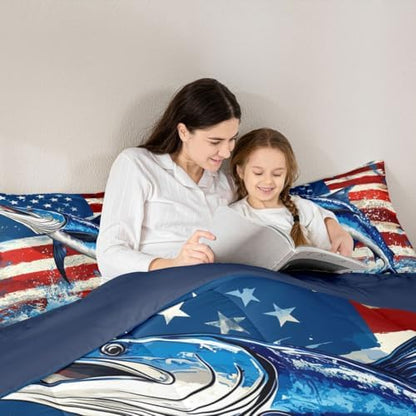 Marlin Swordfish Comforter Set Boys American Flag Bedding Set, Hunting and Fishing Comforter for Kids Teens Adult Bedroom Marine Life Ocean Animal Down Comforter with 2 Pillow Cases, Blue Red, King