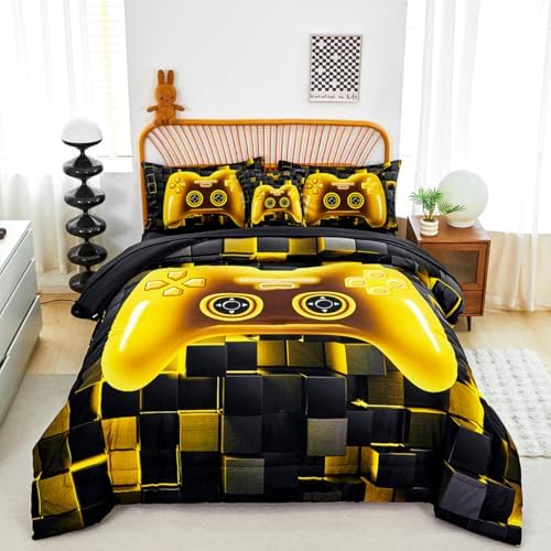 PERFEMET 6 Pieces Queen Bed in A Bag Gamer Black and Gold Boys Comforter Set with Sheets Soft Fluffy 3D Cool Video Game Kids Bedding Set for Teen Girls(Gold, Queen)