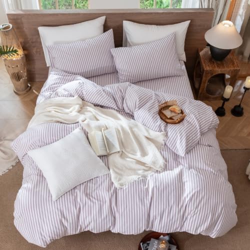 MooMee Striped Duvet Cover Set 100% Washed Cotton Linen Like Queen