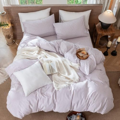 MooMee Striped Duvet Cover Set 100% Washed Cotton Linen Like Queen