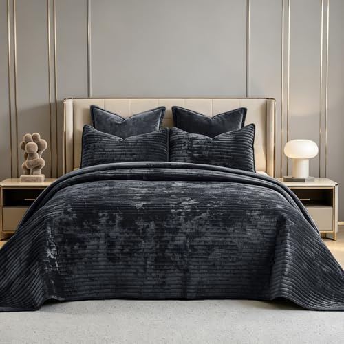 Califonia King Velvet Quilt Set Striped Bedspread 106x118