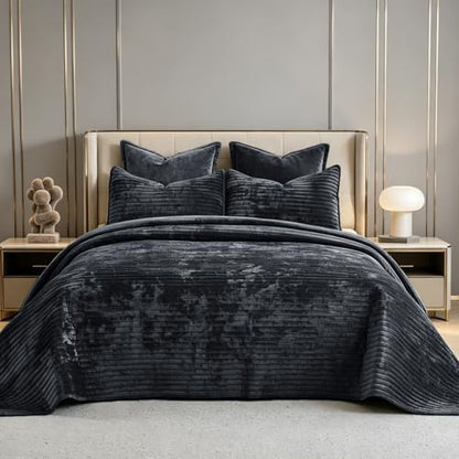 Califonia King Velvet Quilt Set Striped Bedspread 106x118