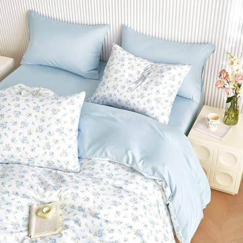 Wake In Cloud - Floral Comforter Set with Sheets, Coquette Cottagecore Aesthetic Flower Shabby Chic Pattern for Women Teen Girls, 7 Pieces Bed in a Bag, White Blue, Full Size