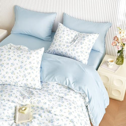 Wake In Cloud - Floral Comforter Set with Sheets, Coquette Cottagecore Aesthetic Flower Shabby Chic Pattern for Women Teen Girls, 7 Pieces Bed in a Bag, White Blue, Full Size