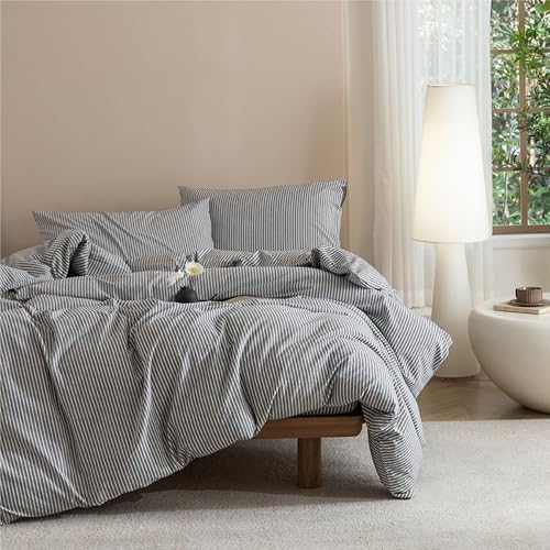 JIYUAN Alaska King Washed Cotton Duvet Cover Set, Linen-Like Pinstripe