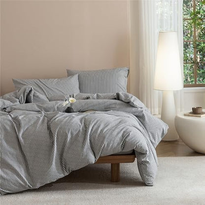 JIYUAN Alaska King Washed Cotton Duvet Cover Set, Linen-Like Pinstripe