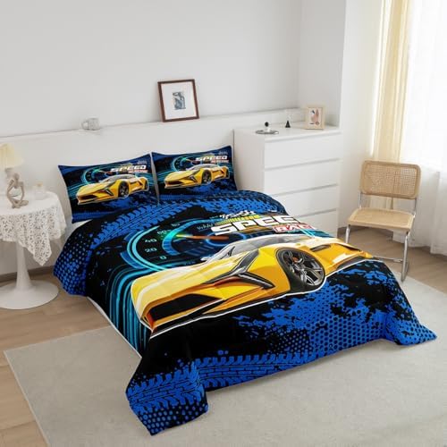 Boys Race Car Toddler Comforter Set,Kids Speed Racing Car Bedding Set for Boys Children Girl,Black And White Plaid Checkered Flag Bedding Comforter Sets,Speed Dashboard Automobile Extreme Sport Quilt