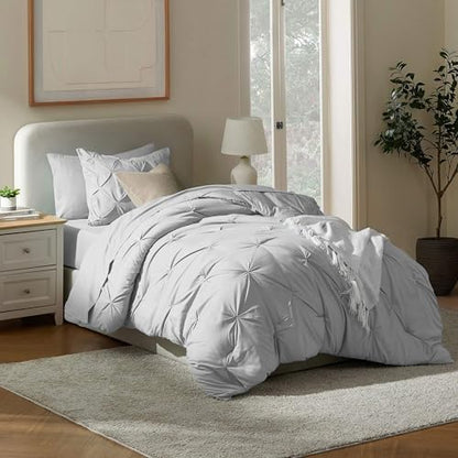 Nestl 7 Piece Twin Comforter Set – Light Grey Pinch Pleated Bed in a Bag – Complete Twin Size Bedding Set with Sheets, Set of 2 Cooling Pillows, Pillowcase and Sham