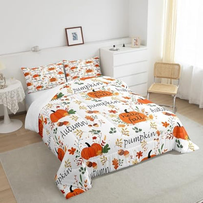 Homewish Pumpkin Pattern Comforter Set,Happy Fall Bedding Set for Kids Girls Boys,Teens Adults Autumn Leaves Comforter,Harvest Season Quilted Duvet Set Bedroom Collection Twin Size 2Pcs