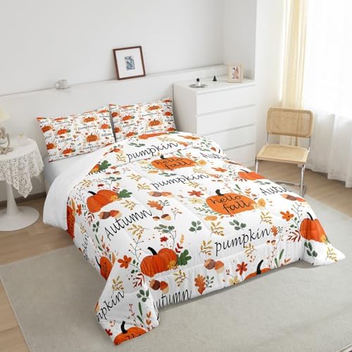 Homewish Teens Pumpkin Pattern Comforter Set Queen Size,Happy Fall Bedding Set for Kids Boys Girls Bedroom Decoration,Autumn Leaves Bed Duvet Insert,Harvest Season Comforter with 2 Pillowcases