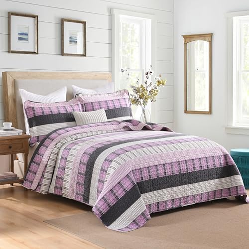 Homzard Queen Size Comforter Set，Cotton Plaid Striped Quilts Queen Size，Pink Black Bedding Bedspread Set，Lightweight Reversible Coverlet All Season 3 Pieces