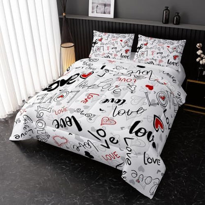 Nttopship Love Comforter Sets Full Size，Love Valentines Day Romantic Soft Bedding Set Black White Watercolor Kawaii Bedding Cartoon Heart Bedroom Decor Comforter with 2 Pillowcases