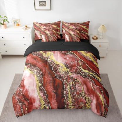 Erosebridal Red Golden Tie Dye Comforter Set Full Size,Marble Texture Bedding Set for Kids Teens,Ink Fluid Art (Comforter+Fitted+Flat Sheet+2 Pillowcases+2 Throw Pillow Covers) 7 Pieces Bed Set