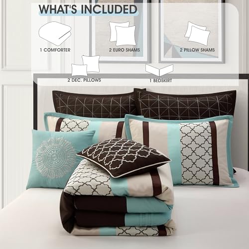 LANCO MODERN LIFESTYLE California King Comforter Set, Aqua Brown Bedding Set, Jacquard Woven with Embroidery, 8 Pieces Bed in a Bag, Bed Skirt, Shams and Decorative Pillows