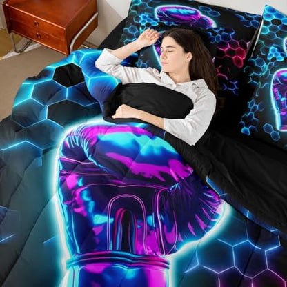 Erosebridal Boxing Gifts Comforter Sets with Sheets - 3D Glitter Gloves Bedding Set King for Boys Girls Colorful Neon Lights 7Pcs Bed in A Bag, Hexagon Honeycomb Bed Set