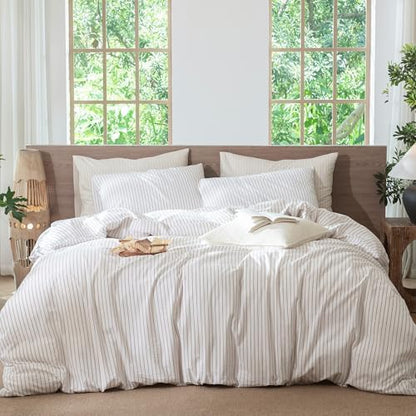 MooMee Striped Duvet Cover Set 100% Washed Cotton Linen Like Oversized King