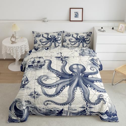 Homewish Octopus Comforter Set King Size,Nautical Ocean Map Bedding Set 3Pcs for Kids Girls Boys Teens Room Decor,Sea Animals Quilt Set Vintage Grey Blue Duvet Insert,2 Pillowcases