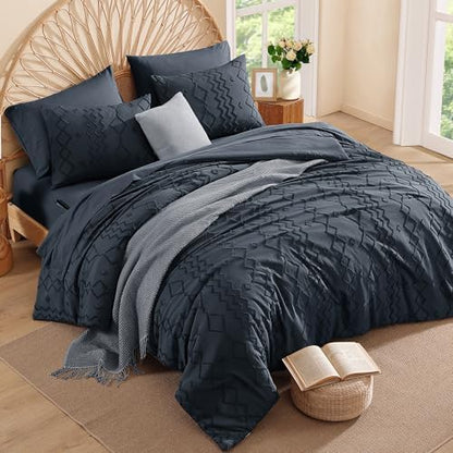 Full Size Comforter Set Navy Blue Tufted Boho Geometric Bedding 7 Pieces