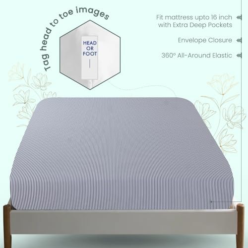 Feather & Stitch Fitted Sheet Only, 100% Cotton 300TC Lightweight Cooling & Breathable Percale Weave Fitted Sheet 16" Regular Elastic Deep Pocket Soft Bedding Mattress (Queen, Grey Stripe)