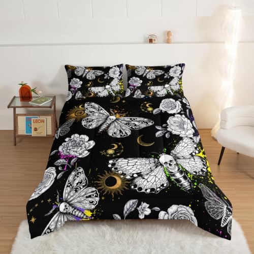 HOSIMA Death Moth Skull Heads Twin Comforter Horror Theme Halloween Bedding,Goth Bedding Butterfly Bed Set Twin Bed in a Bag Sets for Adults Boys Girls Room Decor Black Comforter Set.