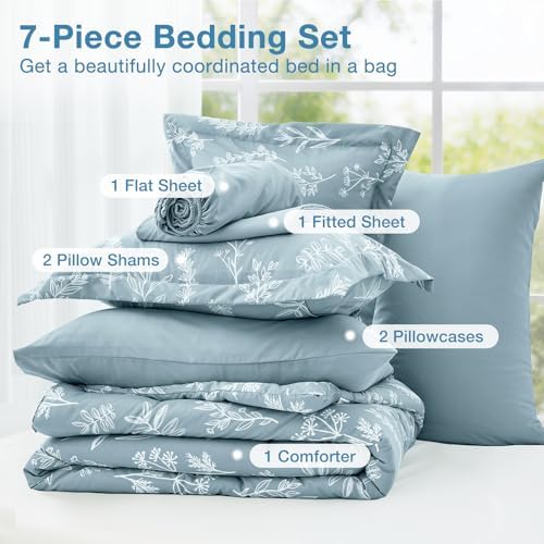 MUXHOMO Mineral Blue Full Comforter Set, Elegant Floral Print Bed in a Bag 7 Pieces, Ultra Soft & Breathable Reversible Botanical Pattern Bedding Set with Comforter, Sheets, Pillowcases, and Shams