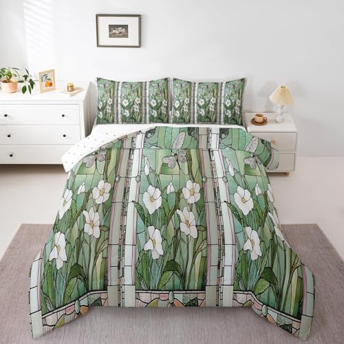 jejeloiu Stained Glass Comforter Set Full Size Kids Meadow Floral Flower Bedding Set for Boys Girls Teens Spring Theme Duvet Breathable Butterfly Quilt Bedroom Decor,1 Comforter with 2 Pillowcase