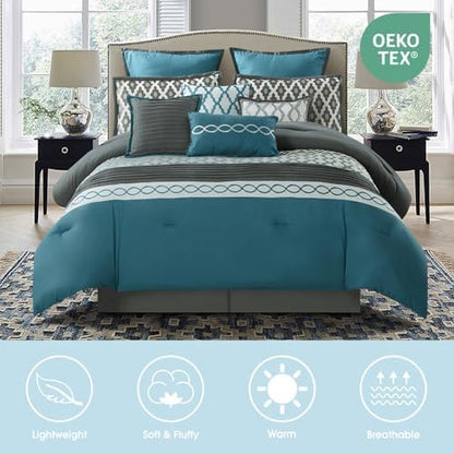 LANCO MODERN LIFESTYLE King Size Comforter Set, Blue, 12 Piece Room in a Bag for All Seasons, Luxury Extreme Comfort Bedding Sets with Curtains, Bedskirt, Pillow Shams, Euro Shams and Decor Pillows