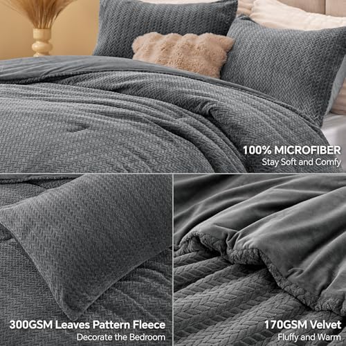ChiXpace Fleece Queen Comforter Set Grey, Fluffy Flannel Bed Set 3 Pieces