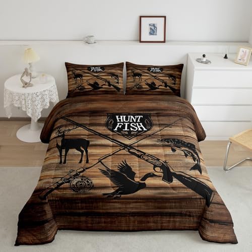 Retro Hunt Fish Comforter Set Twin Size,Retro Farm Wooden Board Quilt Set for Kids Boys Bedroom Collection,Deer Bird Fish Animal Hunting Polyester Bedding with 1 Pillowcase,2Pcs