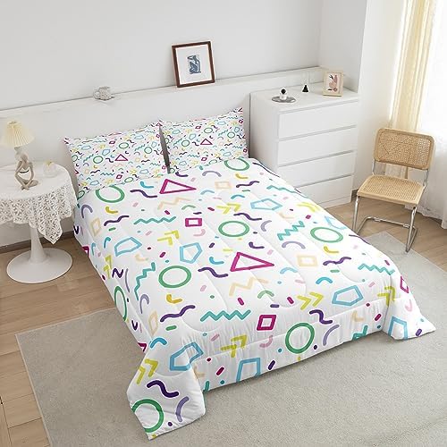Manfei Memphis Comforter Set King Size, Colorful Geometric Vintage Bedding Set 3pcs for Kids Boy Girls, Retro 80s or 90s Fashion Style Quilt Set Soft Polyester Duvet Set with 2 Pillowcases