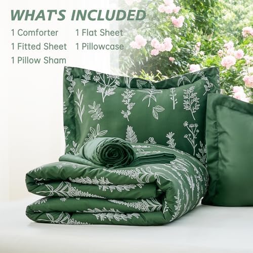 MUXHOMO Dark Green TwinXL Comforter Set, Elegant Floral Print Bed in a Bag 5 Pieces, Ultra Soft & Breathable Reversible Botanical Pattern Bedding Set with Comforter, Sheets, Pillowcase, and Sham