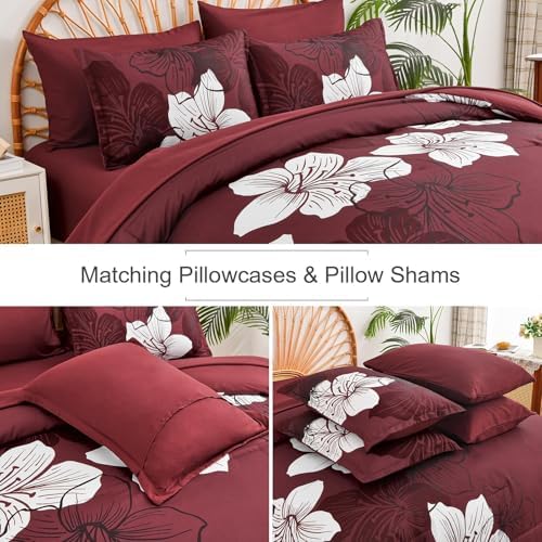 Luxudecor 7 Pieces Full Size Comforter Set, Burgundy Bed in a Bag Floral Comforter and Sheet Set, Soft Microfiber Complete Bedding Set for All Season 78"×90"
