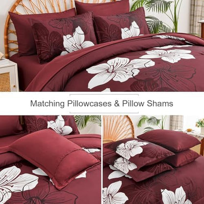 Luxudecor 7 Pieces Full Size Comforter Set, Burgundy Bed in a Bag Floral Comforter and Sheet Set, Soft Microfiber Complete Bedding Set for All Season 78"×90"