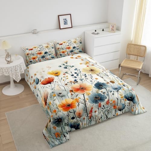 jejeloiu Boho Floral Comforter Set Queen Size Kids Coloful Flower Bedding Set for Boys Girls Teens Botanical Duvet Breathable Blossom Plant Aesthetic Quilt Bedroom Decor,1 Comforter with 2 Pillowcase
